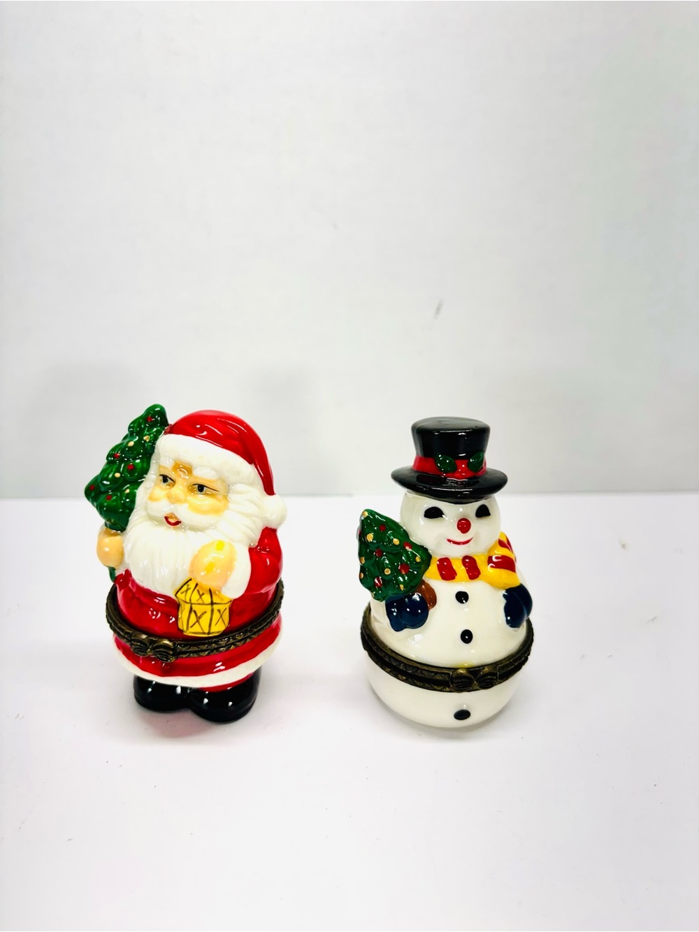 Vintage Christmas Porcelain Santa Clause & Snowman Hinged Trinket Box 3” Tall